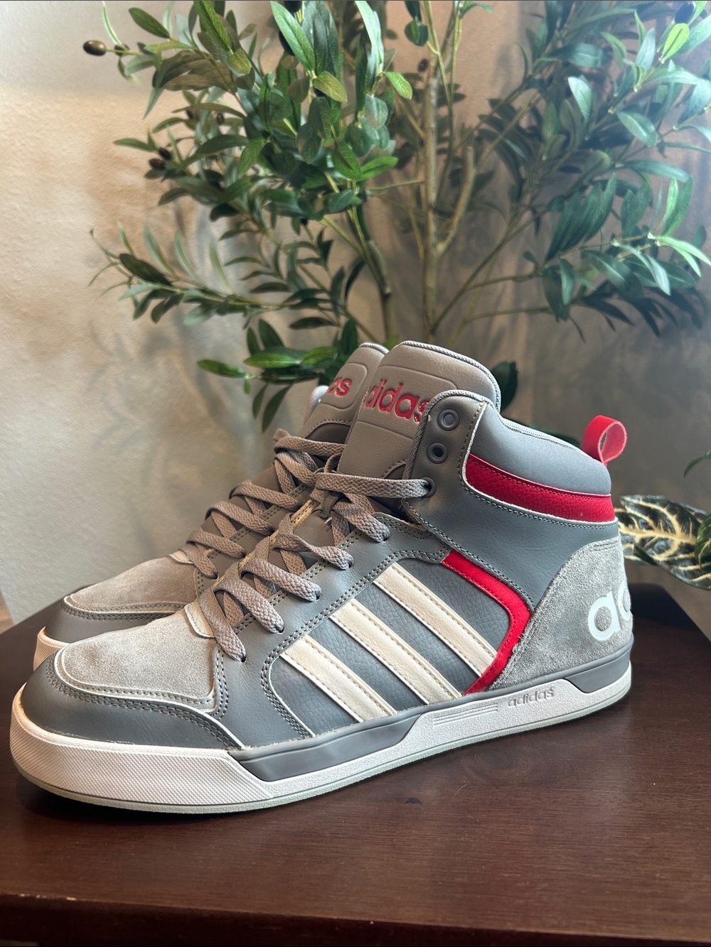 Adidas Gray and Red High-Top Sneakers with White Stripes